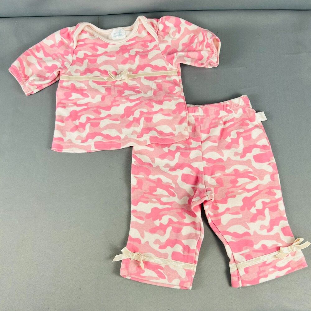 Small Wonders Pink Camoflauge Ribbon Bows Infant Newborn Outfit Size 6-9 Months